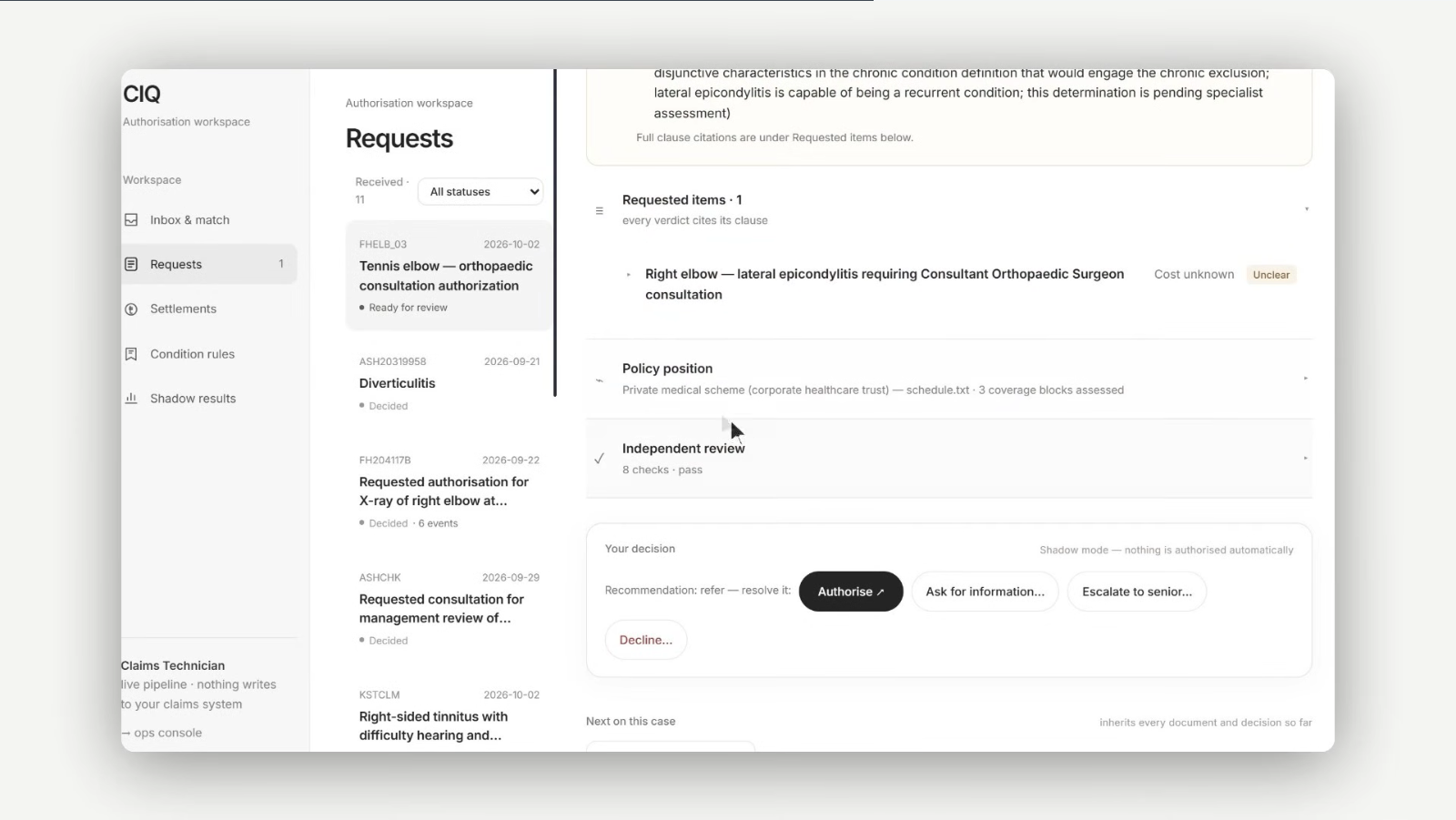 Claim It Quick review workspace showing the policy position, independent review, and handler decision controls